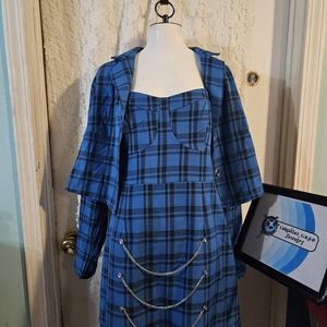 2 Piece Blue Plaid Dress with Chain Accents And Cropped Blazer